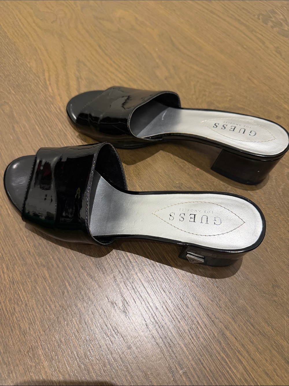 GUESS Black Patent Slide Mules with Low Block Heel